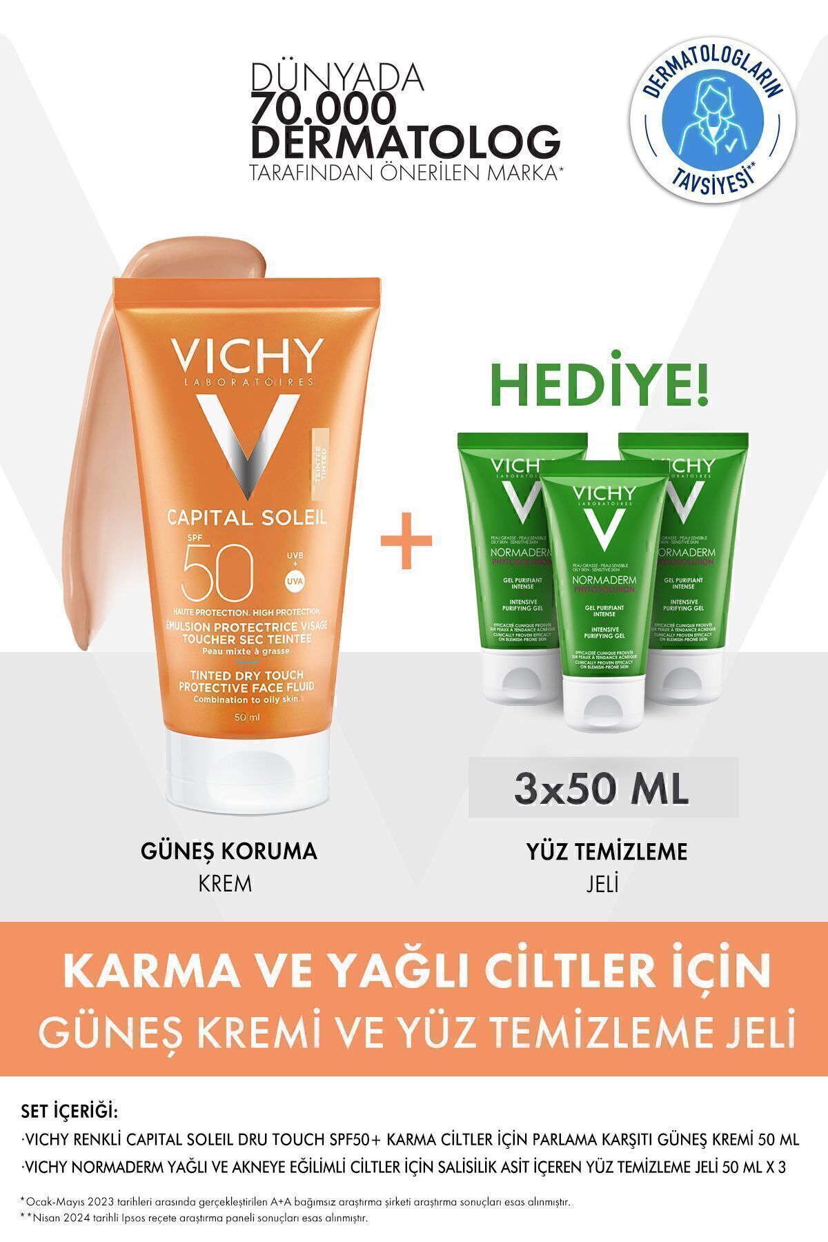 Karma/Yağlı Ciltler İçin Cilt Bakım Seti:Capital Soleil Renkli Güneş Kremi&Yüz Temizleme Jeli50mlx3