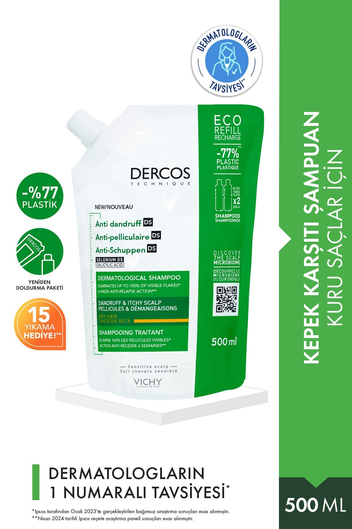 Dercos Anti-dandruff Kepek Karşıtı Bakım Şampuanı, Kuru Saçlar , Yeniden Dolum Paketi 500 ml