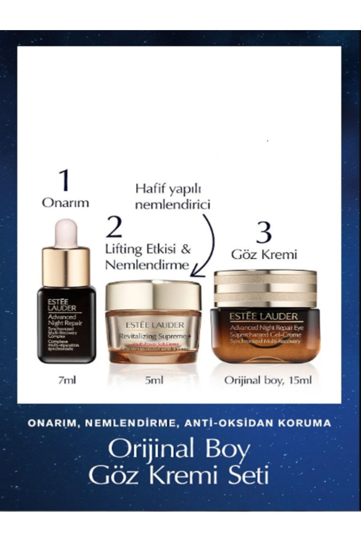 Advanced Night Repair Serum 7 ml Göz Kremi 15 ml Supreme Soft Nemlendirici 5 ml Cilt Bakım Seti