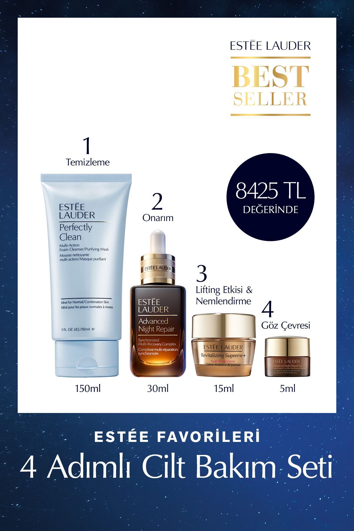 4 Adımlı Cilt Bakım Tanışma Seti - Serum 30ml, Krem 5ml, Göz Kremi 5ml, Losyon 50ml, Hyalüronik Asit